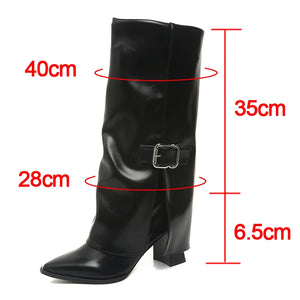 Fashion High Heels Knee High Boots for Women Winter 2025 Trend Pointed Toe Knight Boots Woman Fold Over PU Leather Long Botas