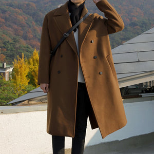 2024 Spring Medium Length Coat Men Fashion Woolen Trench Coats Korean Loose Casual Double Breasted Jackets