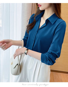 New Spring satin shirts solid color office ladies shirts fashion Women Blouses Long Sleeve Tops Blusas Mujer