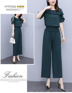 Women's Summer Suit 2025 New Waistband Lace Openwork Off The Shoulder Short Sleeve Tops Wide Leg Pants 2 Two Piece Set For Women