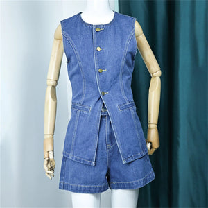 Summer Women's Denim Shorts Suit Sleeveless O-neck Single Breasted Split Top Vest High Waist Wide Leg Shorts 2024 Lady Sets