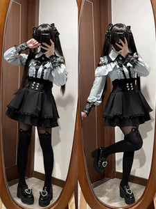 3-Color Sweet Gothic Lolita Coord Set, Off Shoulder Lace Blouse & High Waist Skirt, Kawaii Japanese Style Two Piece Outfit S-XL