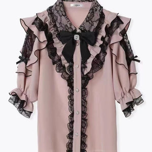 3-Color Sweet Gothic Lolita Coord Set, Off Shoulder Lace Blouse & High Waist Skirt, Kawaii Japanese Style Two Piece Outfit S-XL
