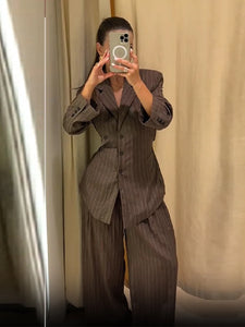 Vintage Brown Strip Blazer Jacket Pant Sets Padded Shoulder Slim Fit Suit Coat High Waist Casual Trousers 2025 New Autumn Outfit