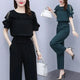 Women's Summer Suit 2025 New Waistband Lace Openwork Off The Shoulder Short Sleeve Tops Wide Leg Pants 2 Two Piece Set For Women
