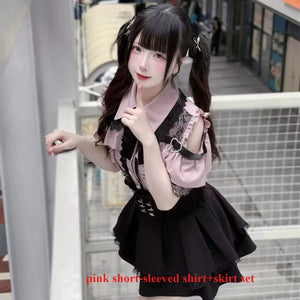 3-Color Sweet Gothic Lolita Coord Set, Off Shoulder Lace Blouse & High Waist Skirt, Kawaii Japanese Style Two Piece Outfit S-XL