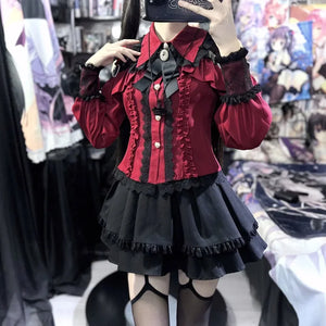 3-Color Sweet Gothic Lolita Coord Set, Off Shoulder Lace Blouse & High Waist Skirt, Kawaii Japanese Style Two Piece Outfit S-XL