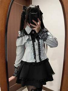 3-Color Sweet Gothic Lolita Coord Set, Off Shoulder Lace Blouse & High Waist Skirt, Kawaii Japanese Style Two Piece Outfit S-XL