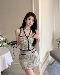 Ele Two-Piece Set  Sensation Small Cro Faion ort Women's Clothing Whole Set V-Ne Buttoning Polyester