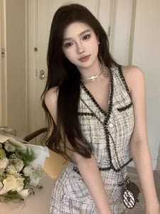 Ele Two-Piece Set  Sensation Small Cro Faion ort Women's Clothing Whole Set V-Ne Buttoning Polyester