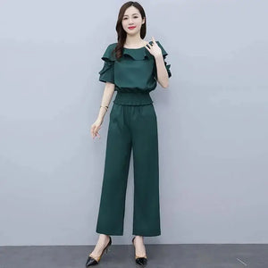 Women's Summer Suit 2025 New Waistband Lace Openwork Off The Shoulder Short Sleeve Tops Wide Leg Pants 2 Two Piece Set For Women