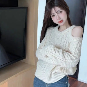 Women's Clothing Off Shoulder Sweet Sweaters Autumn/Winter Sexy Unique Tops Lady Elegant Crew Neck Knitted All-match Pullovers