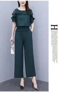 Women's Summer Suit 2025 New Waistband Lace Openwork Off The Shoulder Short Sleeve Tops Wide Leg Pants 2 Two Piece Set For Women