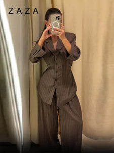 Vintage Brown Strip Blazer Jacket Pant Sets Padded Shoulder Slim Fit Suit Coat High Waist Casual Trousers 2025 New Autumn Outfit