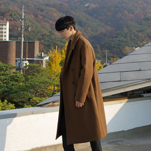 2024 Spring Medium Length Coat Men Fashion Woolen Trench Coats Korean Loose Casual Double Breasted Jackets