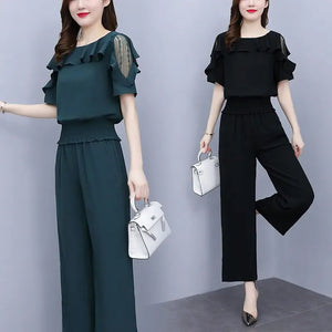 Women's Summer Suit 2025 New Waistband Lace Openwork Off The Shoulder Short Sleeve Tops Wide Leg Pants 2 Two Piece Set For Women