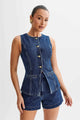 Summer Women's Denim Shorts Suit Sleeveless O-neck Single Breasted Split Top Vest High Waist Wide Leg Shorts 2024 Lady Sets
