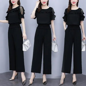 Women's Summer Suit 2025 New Waistband Lace Openwork Off The Shoulder Short Sleeve Tops Wide Leg Pants 2 Two Piece Set For Women