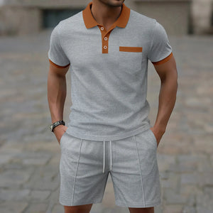 2025 summer new men waffle pocket color matching POLO shirt short sleeve shirt T-shirt shorts two sets