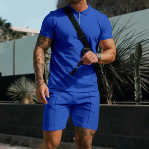 Men's Comfortable Short-Sleeved Waffle Polo Shirt And Shorts Set - Breathable Lightweight Spring/Summer Clothing