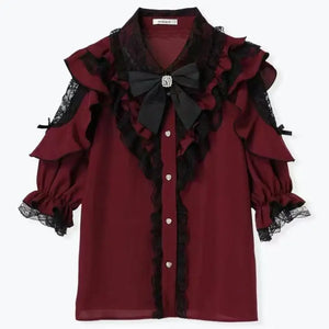 3-Color Sweet Gothic Lolita Coord Set, Off Shoulder Lace Blouse & High Waist Skirt, Kawaii Japanese Style Two Piece Outfit S-XL