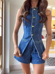Summer Women's Denim Shorts Suit Sleeveless O-neck Single Breasted Split Top Vest High Waist Wide Leg Shorts 2024 Lady Sets