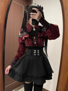 3-Color Sweet Gothic Lolita Coord Set, Off Shoulder Lace Blouse & High Waist Skirt, Kawaii Japanese Style Two Piece Outfit S-XL