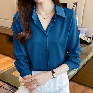 New Spring satin shirts solid color office ladies shirts fashion Women Blouses Long Sleeve Tops Blusas Mujer