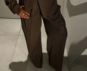 Vintage Brown Strip Blazer Jacket Pant Sets Padded Shoulder Slim Fit Suit Coat High Waist Casual Trousers 2025 New Autumn Outfit