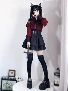 3-Color Sweet Gothic Lolita Coord Set, Off Shoulder Lace Blouse & High Waist Skirt, Kawaii Japanese Style Two Piece Outfit S-XL
