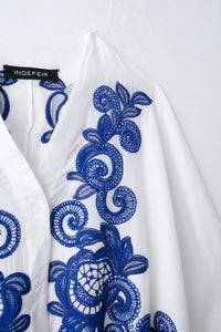 HH Women's 2-piece Set Of Blue Embroidered Single-breasted Loose Shirt + Chic High-waisted Loose Pleated Street Skirt Suit