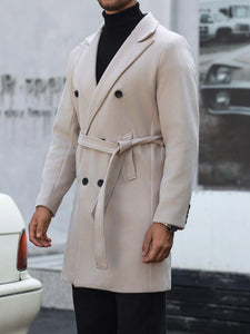 Fall/winter men's and women's solid color double breasted woolen coat with belt and collar, business casual long sleeved jacket,