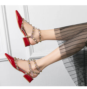 Summer high-heeled women's sandals Fashion brand design pointed rivet red casual shoes Large size 41-43