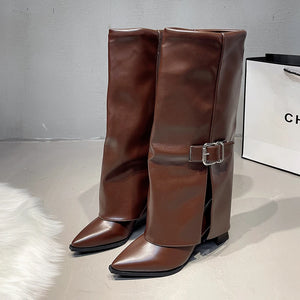 Fashion High Heels Knee High Boots for Women Winter 2025 Trend Pointed Toe Knight Boots Woman Fold Over PU Leather Long Botas