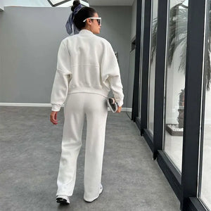 FSMG Casual Sweatshirt Pants Set Solid Zippers Jackets Loose High Waist Lace-up Elastic Waist Trousers Suits Sportswear 2 Pieces