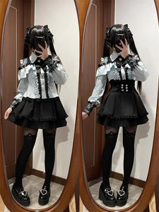 3-Color Sweet Gothic Lolita Coord Set, Off Shoulder Lace Blouse & High Waist Skirt, Kawaii Japanese Style Two Piece Outfit S-XL