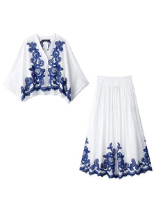 HH Women's 2-piece Set Of Blue Embroidered Single-breasted Loose Shirt + Chic High-waisted Loose Pleated Street Skirt Suit