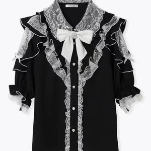 3-Color Sweet Gothic Lolita Coord Set, Off Shoulder Lace Blouse & High Waist Skirt, Kawaii Japanese Style Two Piece Outfit S-XL