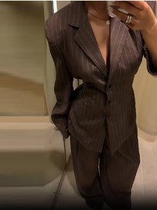 Vintage Brown Strip Blazer Jacket Pant Sets Padded Shoulder Slim Fit Suit Coat High Waist Casual Trousers 2025 New Autumn Outfit