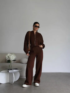 FSMG Casual Sweatshirt Pants Set Solid Zippers Jackets Loose High Waist Lace-up Elastic Waist Trousers Suits Sportswear 2 Pieces