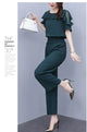 Women's Summer Suit 2025 New Waistband Lace Openwork Off The Shoulder Short Sleeve Tops Wide Leg Pants 2 Two Piece Set For Women