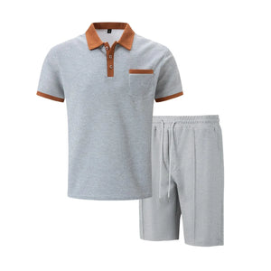 2025 summer new men waffle pocket color matching POLO shirt short sleeve shirt T-shirt shorts two sets