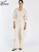 Oymimi Elegant Apricot Print Sets For Women 2 Pieces Fashion Long Sleeve Pockets Lace-Up Button Robe And Drawstring Pants Sets