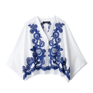 HH Women's 2-piece Set Of Blue Embroidered Single-breasted Loose Shirt + Chic High-waisted Loose Pleated Street Skirt Suit