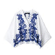 HH Women's 2-piece Set Of Blue Embroidered Single-breasted Loose Shirt + Chic High-waisted Loose Pleated Street Skirt Suit