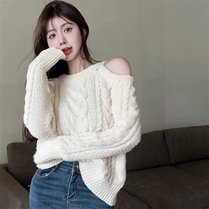 Women's Clothing Off Shoulder Sweet Sweaters Autumn/Winter Sexy Unique Tops Lady Elegant Crew Neck Knitted All-match Pullovers