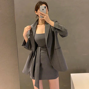 Ele Long Sve Suit Jaet ort Coat + Waist-Cinching Vest Dr Women's Faion Set Cotton Material Autumn Season
