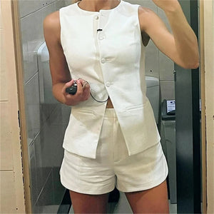 Summer Women's Denim Shorts Suit Sleeveless O-neck Single Breasted Split Top Vest High Waist Wide Leg Shorts 2024 Lady Sets