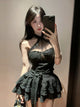 Spicy Girl Sle Lace Me Splice Bal Top Bla Slimming Cake Skirt Set Women's Faion Spring Collection Two-Piece Suit