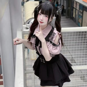 3-Color Sweet Gothic Lolita Coord Set, Off Shoulder Lace Blouse & High Waist Skirt, Kawaii Japanese Style Two Piece Outfit S-XL